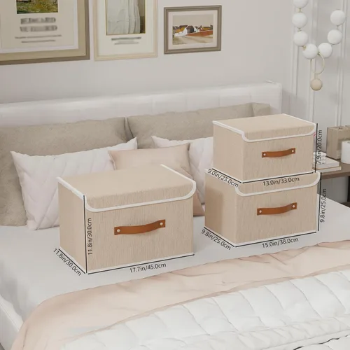 Vista 8 de Yawinhe Cajas de almacenamiento plegables con tapas, contenedores de almacenamiento plegables de tela, canastas con tapa para el hogar, dormitorio