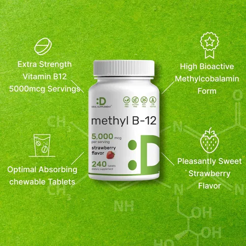 Vista 6 de DEAL SUPPLEMENT Methyl B-12 Vitamins 5000 mcg, 240 Chewable Tablets Active Form - Strawberry Flavored - Energy Support & Brain Health Function