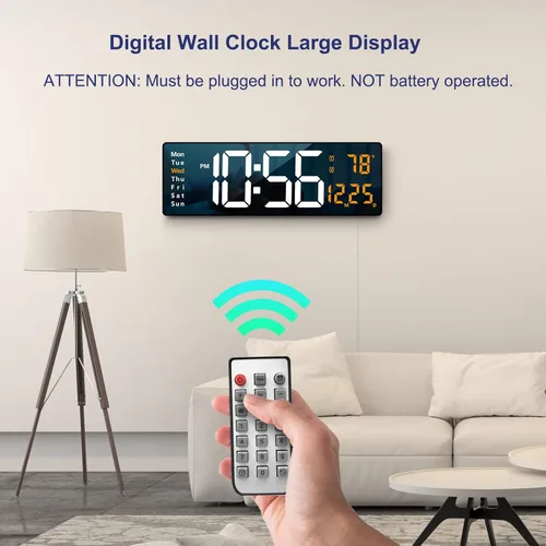 Vista 2 de Reloj de pared digital con pantalla grande, 16.2 pulgadas, reloj digital LED con control remoto para decoración de sala de estar, atenuador Naranja