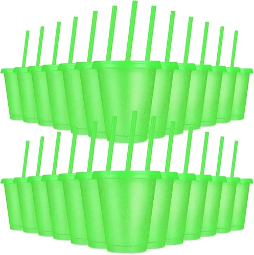 Vista 14 de 24 vasos de plástico con tapas y pajitas, vasos reutilizables con tapas, vasos coloridos de plástico para fiestas de cumpleaños, taza de café
