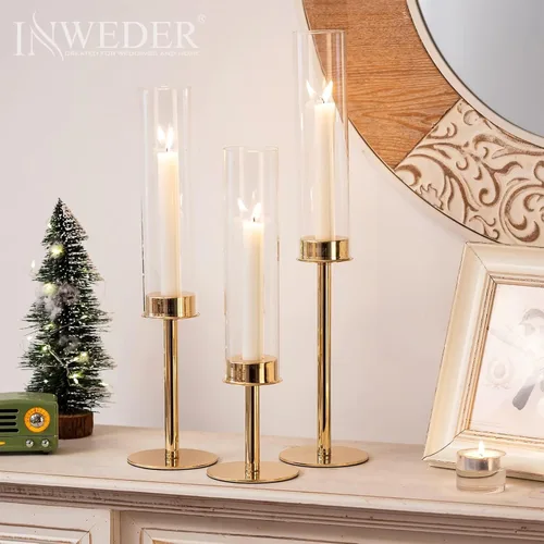 Vista 5 de Candelabros cónicos de huracán: portavelas de cristal dorado, decoración con cubierta de vidrio para boda, centro de mesa, fiesta, cumpleaños