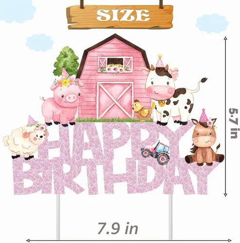 Vista 3 de Decoración rosa para tartas de animales de granja, animales de granja, decoración de fiesta de cumpleaños, decoración de pastel de cumpleaños