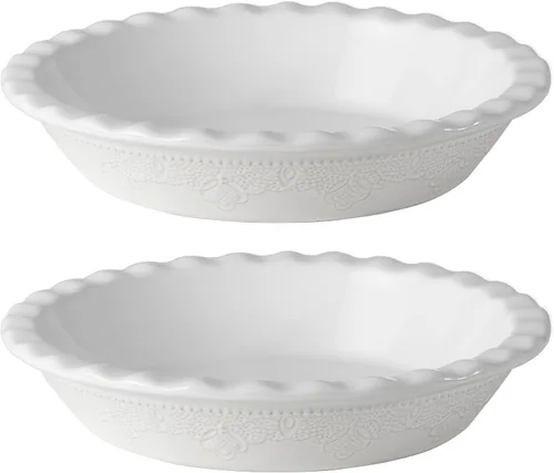 Vista 8 de Fun Elements - Molde para tartas de cerámica de 9 pulgadas, sartén profunda con relieve de encaje, plato con volantes para hornear, juego de 2, azul