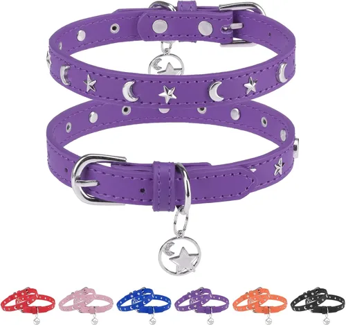 Vista 14 de Collar de cuero para perros pequeños y medianos, collar ajustable con remache de estrella y luna con hebilla de metal inoxidable y dijes, collares