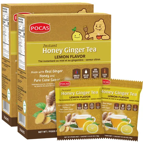 Pocas Honey Ginger - Té instantáneo en polvo, sabor a limón, paquete de 2, extracto de jengibre y miel real, té sin cafeína, 20 paquetes por caja