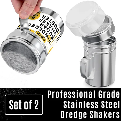 Vista 2 de CUSINIUM Mini agitador de azúcar en polvo de 6 onzas con asa, malla fina, con tapa de plástico, paquete de 2