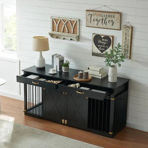 Vista 2 de Mueble de madera XXL de 72.5 pulgadas para perros para 2 razas grandes, perrera doble extragrande con divisor, cajones y puerta de granero, jaula