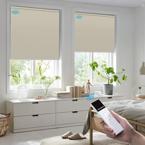Vista 6 de Persianas opacas motorizadas para ventana, ancho personalizado (21-92 pulgadas), persianas enrollables inalámbricas y recargables con control remoto