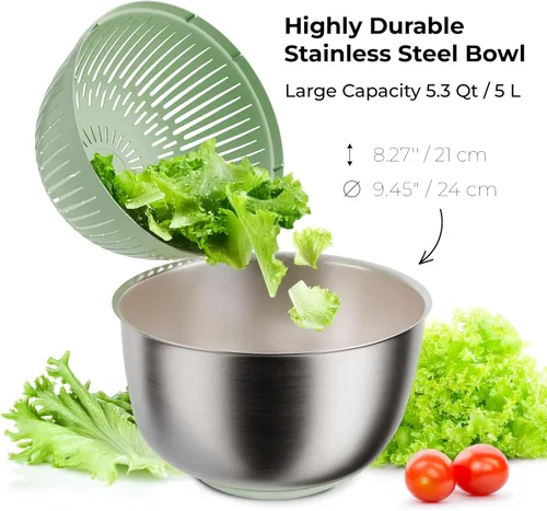 Vista 2 de Ensaladera de acero inoxidable grande – Cuenco de lavado de frutas y verduras con colador – Molinillo de lechuga, limpiador de frutas, secadora