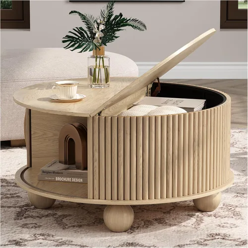 Vista 18 de Mesa auxiliar ovalada con almacenamiento, mesa de centro acanalada de 42.5 pulgadas con parte superior de elevación y patas de madera maciza, mesa