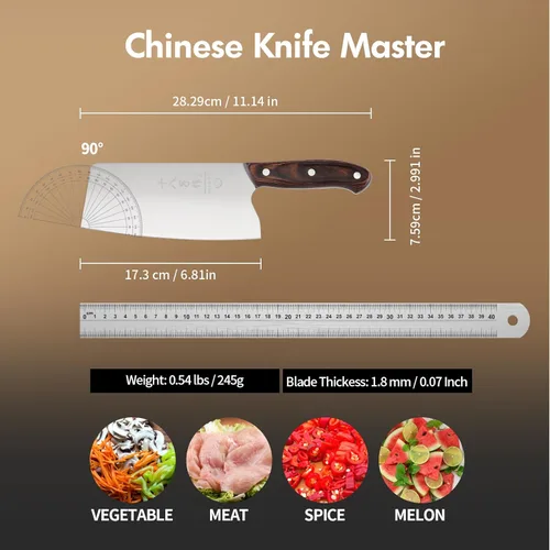 Vista 6 de SHI BA ZI ZUO cuchillo chino de carnicero, cuchillo de carne de 6.7 pulgadas, cortador de acero inoxidable, mango de madera con peso moderado