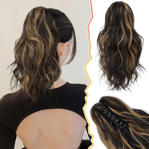 Vista 9 de BARSDAR Extensiones de cola de caballo con clip de garra, extensiones de cabello corto ondulado negro de 14 pulgadas para mujer, extensiones