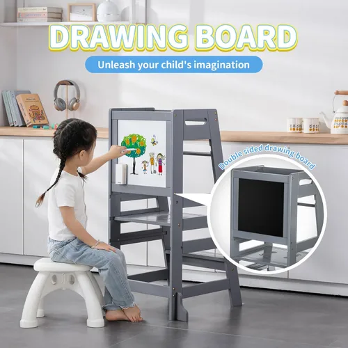 Vista 3 de UNICOO Taburete de cocina de bambú de altura ajustable para niños, torre de aprendizaje y taburete auxiliar para baño, encimera de cocina, diseñado