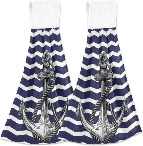 Giwawa Toallas de mano de ancla náutica, 2 piezas, suaves anclajes azul marino, colgantes, absorbentes, a rayas, de secado rápido, 12 x 17 pulgadas