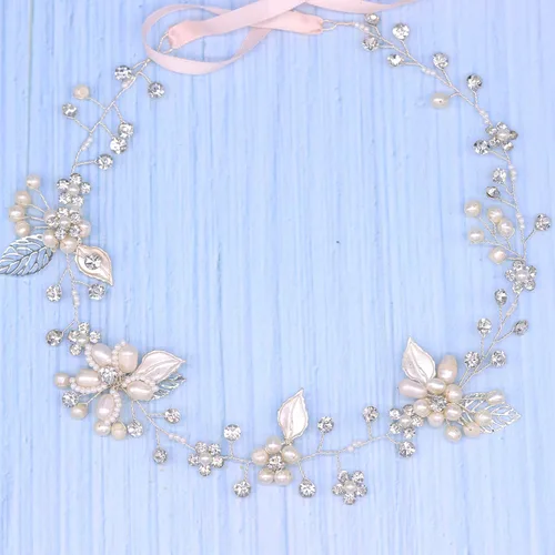 Vista 6 de Oriamour Diadema de cristal nupcial con perlas de agua dulce, diseño de flores, accesorios para el cabello de boda (plata)