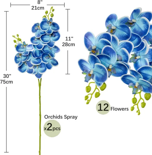 Vista 2 de Orquídeas azules de 30 pulgadas, flores artificiales de tacto real Phalaenopsis en aerosol, tallos de orquídeas artificiales falsas, arreglo alto
