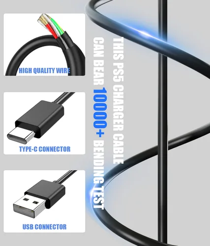 Vista 5 de BERLAT Cable de carga USB C compatible con controlador PS5, cable de carga USB tipo C de carga rápida de 6.6 pies compatible con 5 controladores PS5