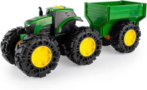 TOMY Monster Treads - John Deere Tractor Toy and Wagon - Includes Lights, Sounds, and Monster Truck Tires - John Deere Farm Toys - Ages 3 Years and