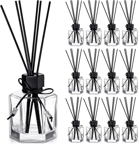 Vista 8 de Huquary Juego de 4 botellas difusoras de varillas de 4.06 onzas (4.1 fl oz), frascos con tapas y palitos de ratán negro, accesorios de fragancia