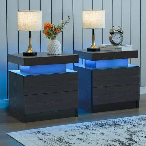 Vista 18 de Generic Juego de 2 Mesitas de noche con 2 cajones, mesa de noche con cajones para muebles de dormitorio, mesa auxiliar con luz LED, color negro