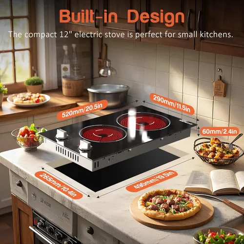 Vista 4 de Estufa eléctrica de 2 quemadores 2000W, estufa eléctrica enchufable de 110v, encimera y estufa eléctrica incorporada de 12 pulgadas, control