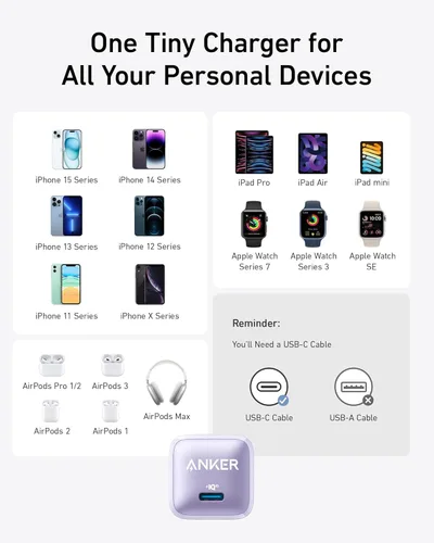 Vista 6 de Anker - Cargador 511 (Anker Nano Pro) 20W PIQ 3.0, cargador rápido durable, cargador USB C para iPhone 12/12 Mini/12 Pro/12 Pro Max/11, Pixel 4/3