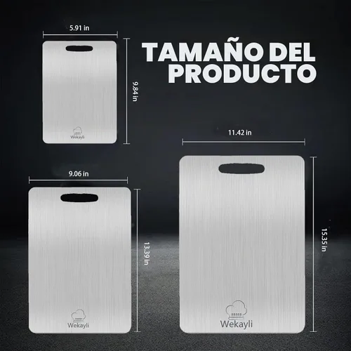 Vista 4 de Juego de 3 tablas de cortar de titanio 100% puro para cocina, tablas de cortar de titanio de doble cara, áreas separadas de alimentos crudos