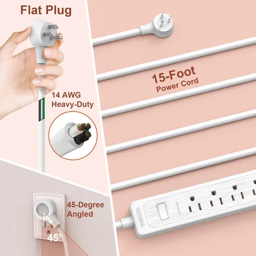 Vista 4 de Cable de extensión de 15 pies, protector de sobretensiones de 6 salidas, tira de alimentación larga y resistente de enchufe plano, enchufe plano