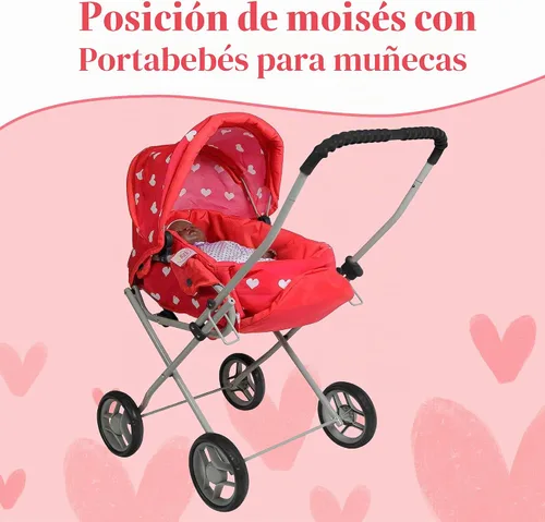 Vista 7 de Juego de Cochecito de Muñeca, Cochecito de Muñeca 3 en 1 con Moisés Extraíble, Carrito para Muñecas, Cochecito de Muñeca de Juguete para Niños Floral