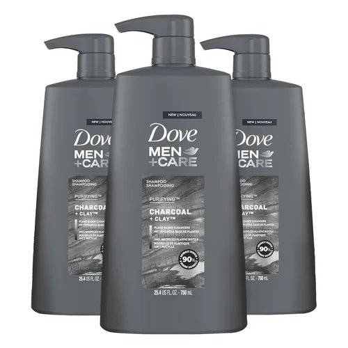 DOVE MEN + CARE Champú de carbón + arcilla, 3 unidades para un cabello de aspecto saludable, limpiadores a base de plantas de origen natural, 25.4