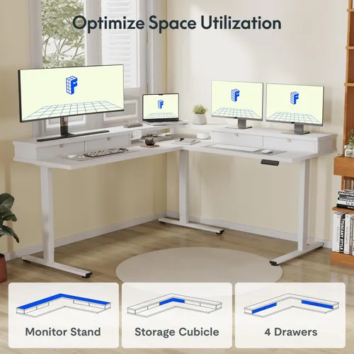 Vista 135 de FLEXISPOT Escritorio de esquina profesional con motor dual en forma de L, escritorio eléctrico de pie, escritorio de pie con altura ajustable, mesa