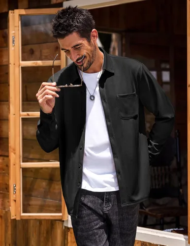 Vista 3 de COOFANDY Camisas casuales con botones para hombre de manga larga sin arrugas