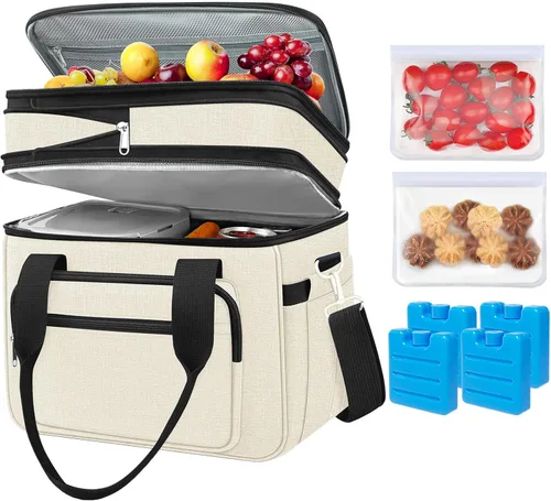 Coobiiya 23L Large Expandable Insulated Lunch Bag Cooler Bag，Lunch Box for Men Double Deck Leakproof，Heavy Duty LunchBag with 4 Ice Packs&10 Snack