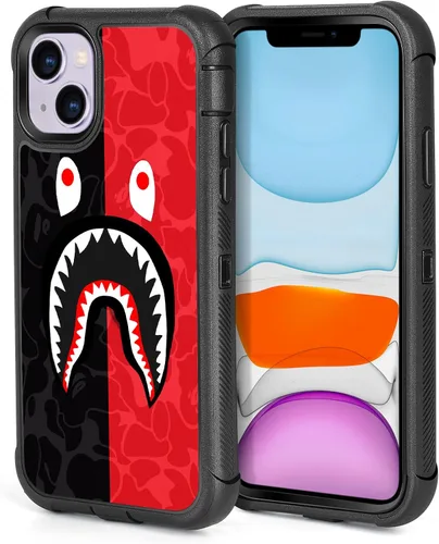 Funda compatible con iPhone 13 y iPhone 14 de diseño de tiburón negro y rojo de moda urbana para hombres y niños, de 3 capas, resistente a los