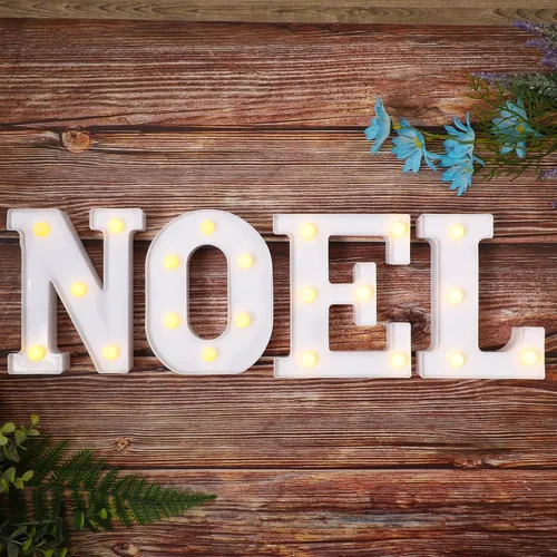 Vista 4 de Letrero con luz LED para decoración de mesa de Navidad, marquesina de Navidad, letrero iluminado con pilas, para decoración de mesa y pared, centro