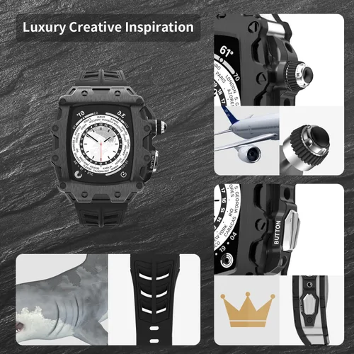 Vista 8 de Funda de metal de lujo con correa para Apple Watch Series 9, 8, 7, 1.772 pulgadas, SE 6, 5, 4, 1.732 pulgadas, protector de pantalla resistente