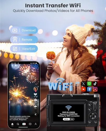 Vista 3 de Cámara digital 4K para fotografía, cámara de vlogging WiFi de 64MP para YouTube con enfoque automático, pantalla giratoria de 180° de 3", cámaras