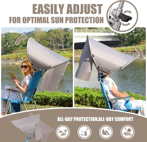 Vista 4 de Toldo universal XL para silla, plegable de gran tamaño, portátil, UPF 50+, con abrazadera ajustable, se adapta a la mayoría de las marcas de playa