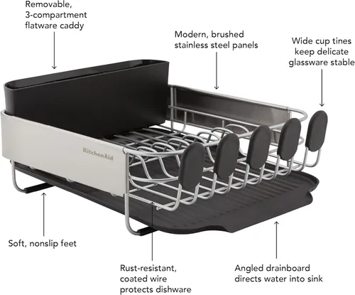 Vista 8 de KitchenAid Escurridor de platos compacto, que ahorra espacio, resistente al óxido con organizador de cubiertos extraíble y bandeja de escurrido Negro