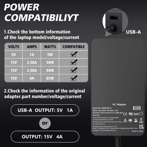 Vista 4 de Cargador para laptop Surface Pro de 65 W compatible con Microsoft Surface Pro 11 10, 9, 8, X, 7+, 7, 6, 5, 4, 3, conector de superficie magnética