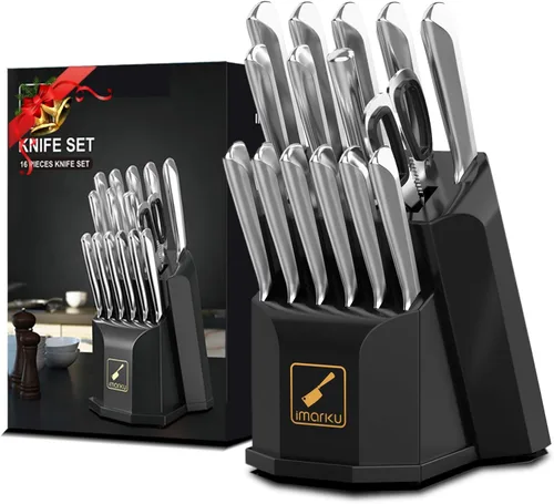Vista 8 de imarku Juego de cuchillos de cocina de 16 piezas con bloque, juego de cuchillos de chef de acero inoxidable ultra afilados, juego de bloques