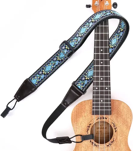 Eyeshot Ukulele Strap No Drill, Adjustable Double J Hook Clip on Uke Shoulder Strap, Hawaiian Jacquard Blue Flower Hands Free Ukelele Strap, Easy to