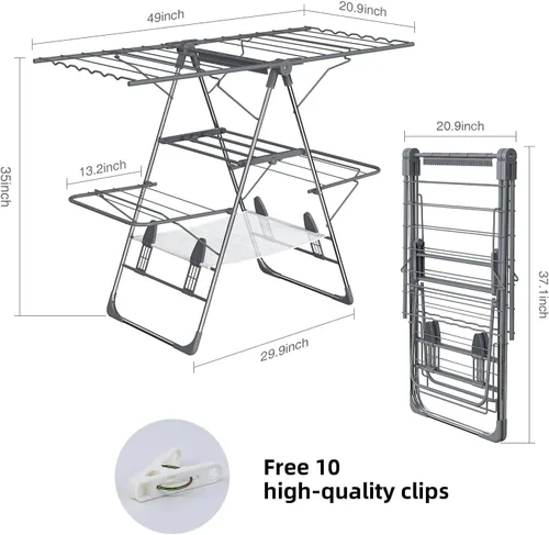 Vista 3 de Tendedero de Ropa Plegable de 2 Niveles para Secar Ropa, Tendedero de Acero Inoxidable Plegable para Interiores y Exteriores, con Alas de Altura