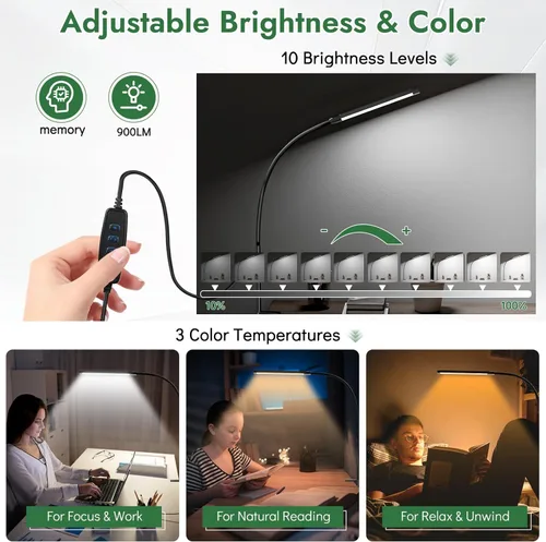 Vista 4 de Lámpara de abrazadera para escritorio, luz LED con clip para cuidado de los ojos, brazo flexible de 27 pulgadas de alto, 3 modos de color, 10 Negro