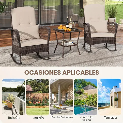 Vista 8 de ORALNER - Juego de 3 mecedoras para patio, de mimbre, color beige