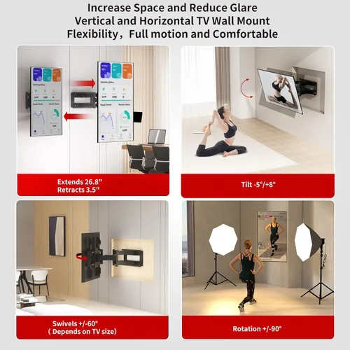 Vista 7 de Soporte de pared para TV de movimiento completo horizontal a vertical para 50 a 90 pulgadas, soporte de pared para pantallas LED LCD de hasta 264