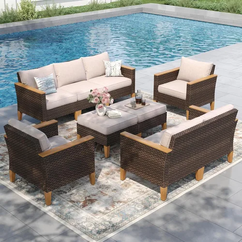 Vista 7 de PHI VILLA Otomana de mimbre para patio, 2 piezas, asiento otomano de mimbre para todo tipo de clima, reposapiés para exteriores con cojines