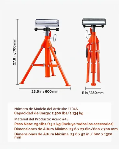Vista 7 de VEVOR Soporte de rodillo, resistente soporte de herramientas de capacidad de carga de 2500 libras, altura ajustable de 28 a 52 pulgadas, diseño