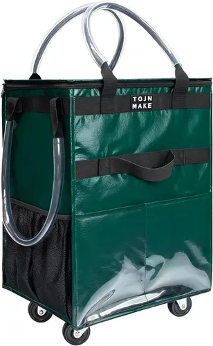 Vista 23 de Bolsa de comestibles reutilizable sobre ruedas, carrito de compras con 8 bolsillos y cubierta con cremallera, bolsa plegable con ruedas, asas