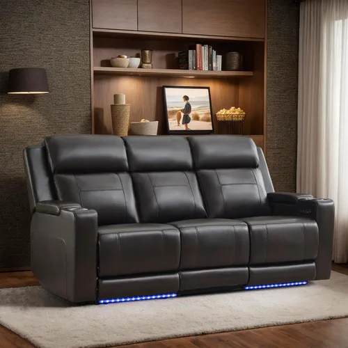 Vista 16 de Juego de sofá reclinable eléctrico con reposacabezas, asientos de cine en casa con luz LED, almacenamiento de reposabrazos, USB y tipo C, sofá